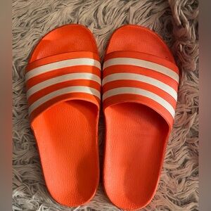 Adidas Bold Orange Slides with White Stripes